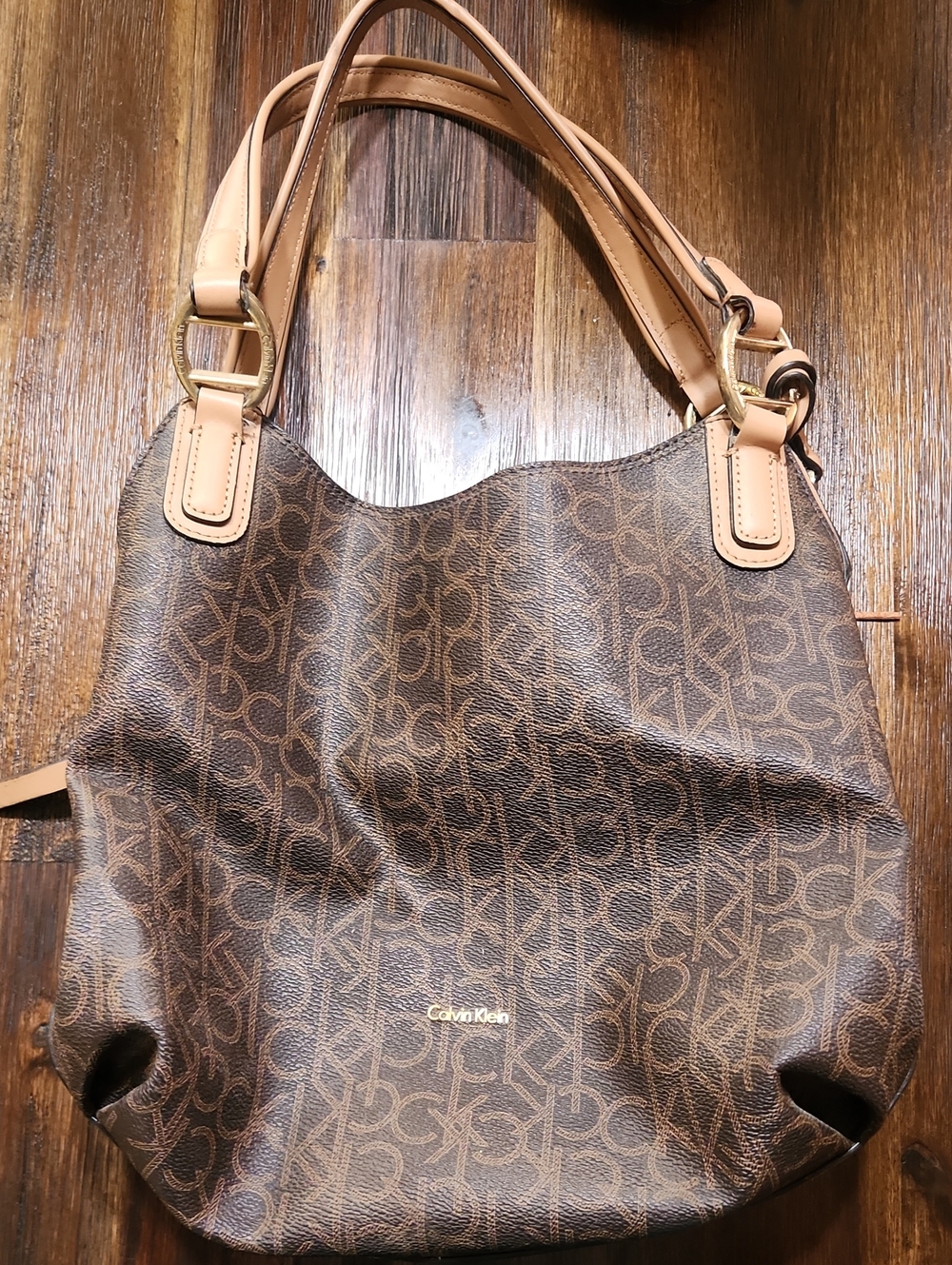 Calvin Klein Brown Monogram Shoulder Bag with Tan Handles